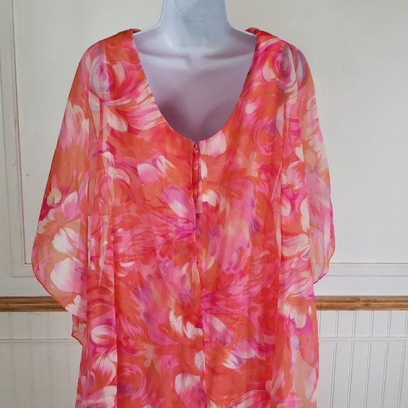 SOLD Vtg 60s Maxi Dress Women's Size 12 Watercolor Floral Pink Orange Capelet - Picture 9 of 13